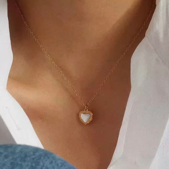 Heart necklace, waterproof necklace, dainty white shell necklace, non tarnish necklace.