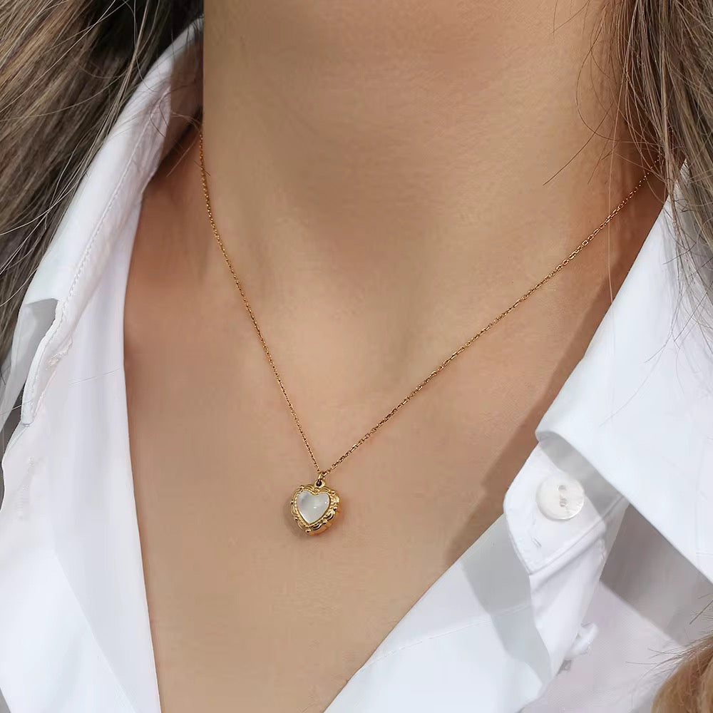 Heart necklace, waterproof necklace, dainty white shell necklace, non tarnish necklace.