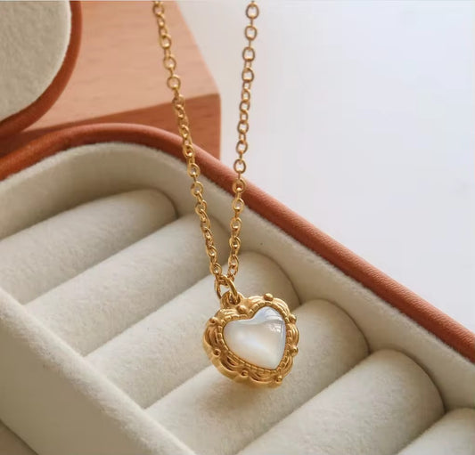 Heart necklace, waterproof necklace, dainty white shell necklace, non tarnish necklace.
