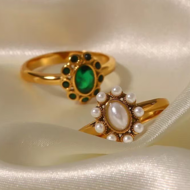 Emerald ring and vintage pearl ring options, waterproof ring.