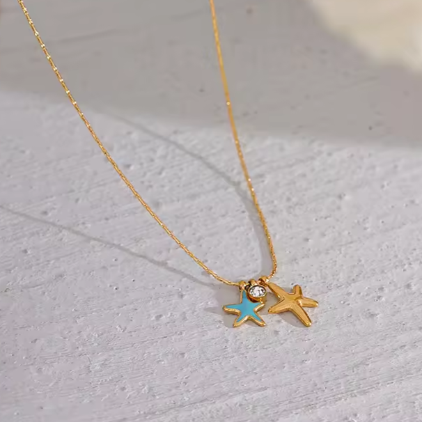 Starfish necklace, summer waterproof necklace, dainty gold beach necklace.