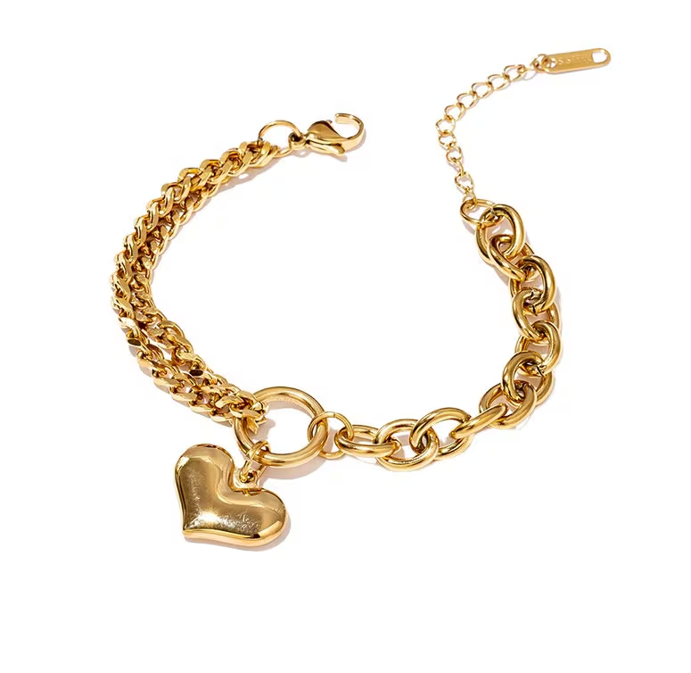 Chunky gold bracelet, waterproof heart chain bracelet.