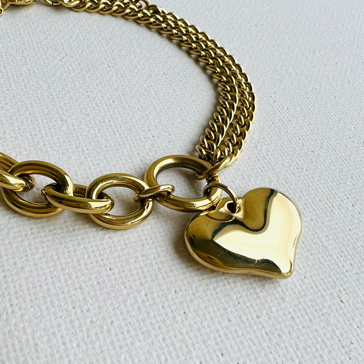 Chunky gold bracelet, waterproof heart chain bracelet.