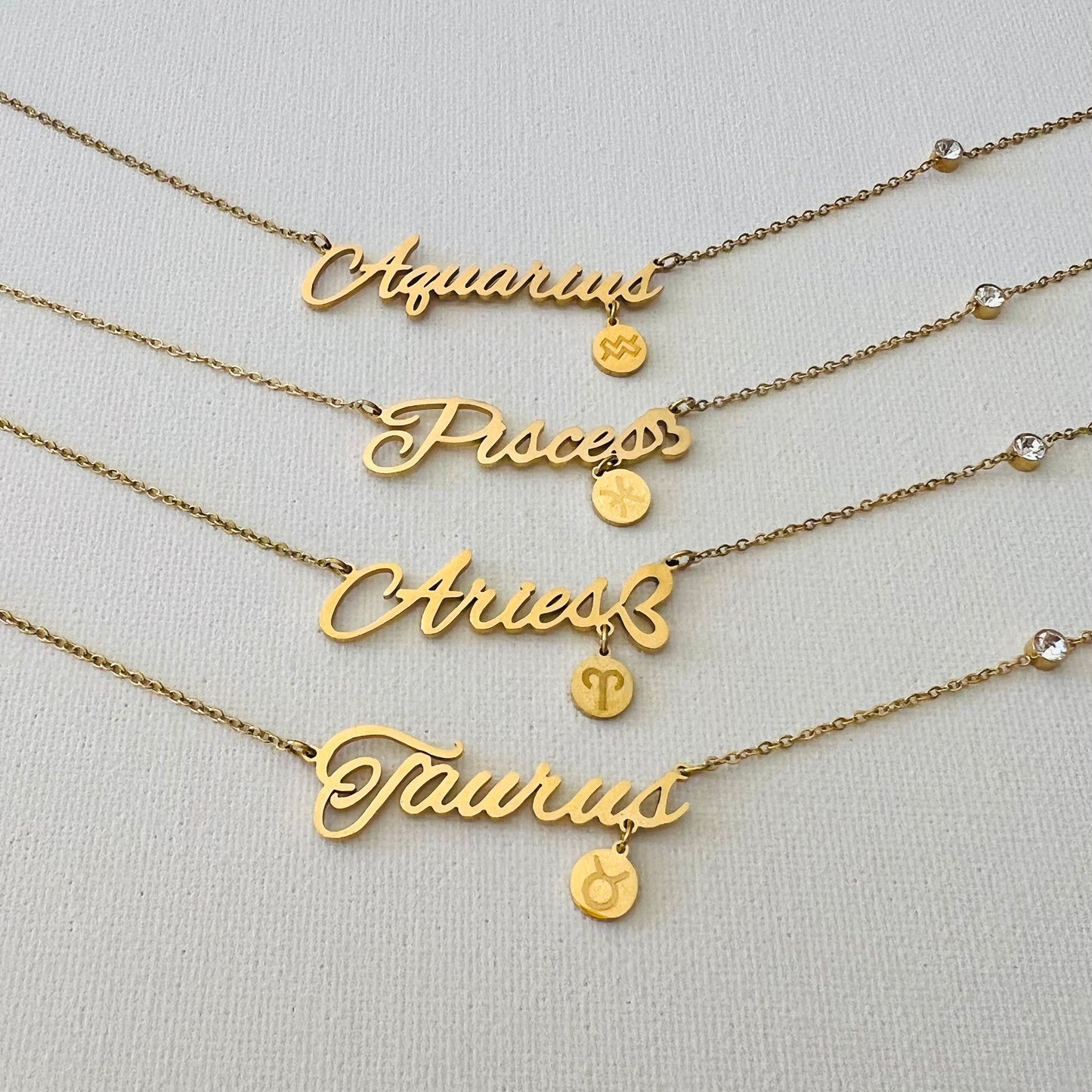 Zodiac sign necklace, Waterproof necklace, Astrology necklace, 18 PVD gold over surgical Stainless Steel