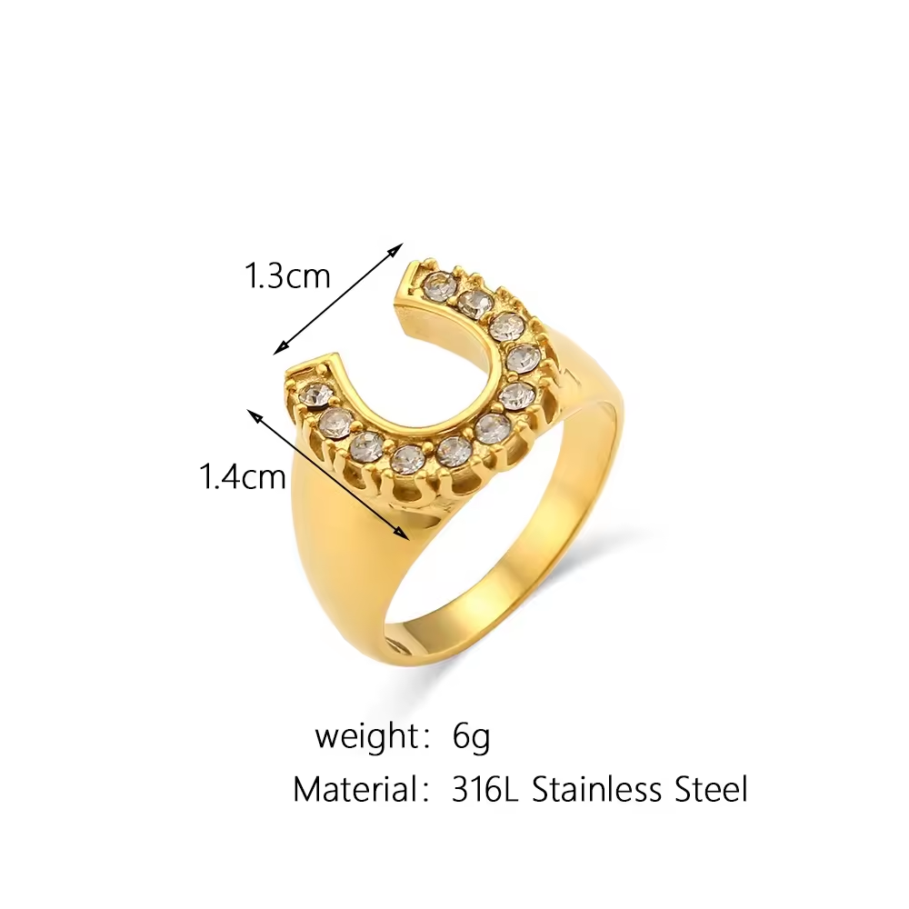 Horseshoe ring, waterproof iced out ring, gold lucky ring.