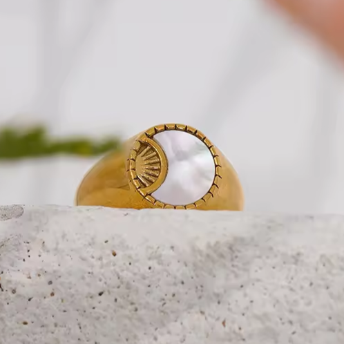 Mother of pearl ring, Celestial ring, waterproof ring sun and moon ring.