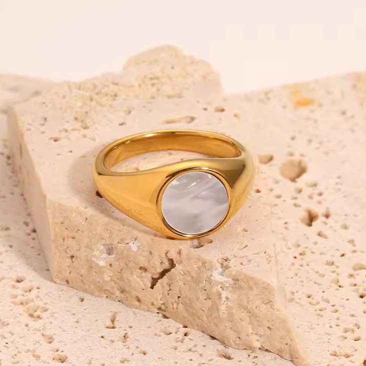 Mother of pearl ring, chunky gold ring, waterproof chunky ring.