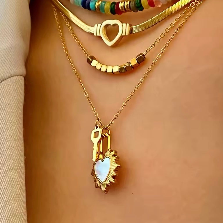 Heart necklace, Silver and 18k pvd gold waterproof necklace, dainty white shell necklaces.