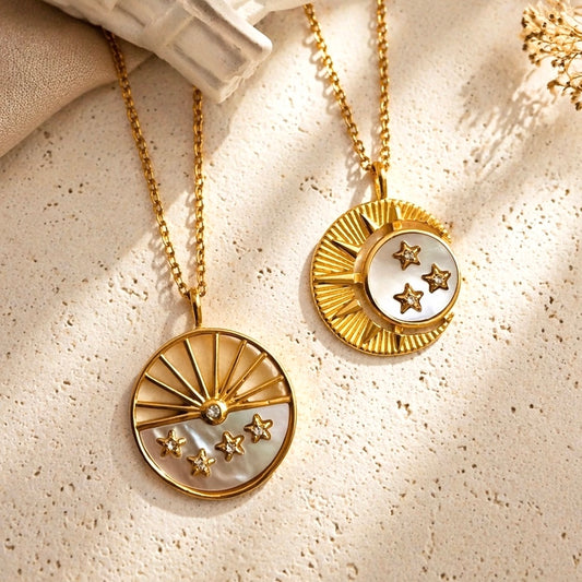 Matching necklaces, waterproof necklace, sun and moon necklaces.