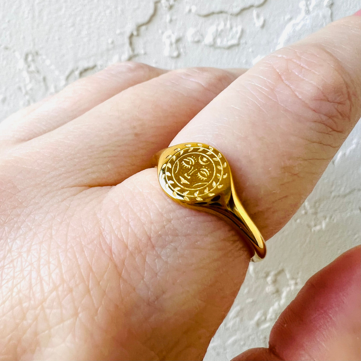 Signet ring, waterproof celestial rings, moon ring, sun ring and goddess ring options.