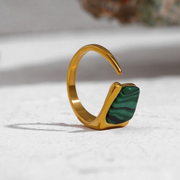 Malachite ring, waterproof green stone ring, open Lab man-made stone ring.