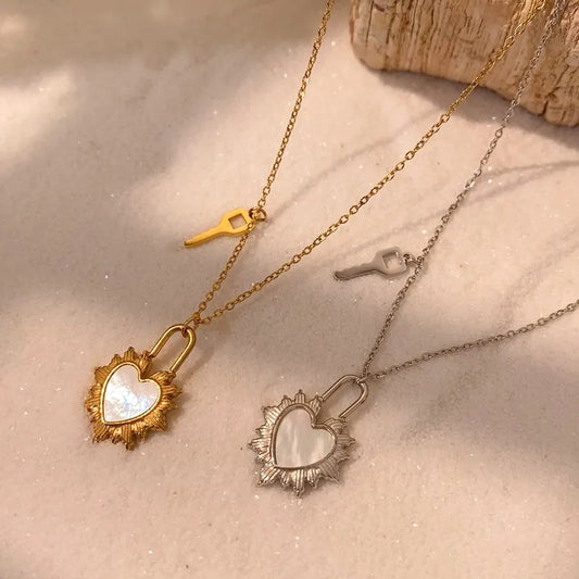 Heart necklace, Silver and 18k pvd gold waterproof necklace, dainty white shell necklaces.