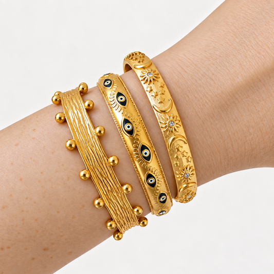 Stackable bracelet, waterproof gold bangle, evil eye bracelet, sun and moon bracelet.