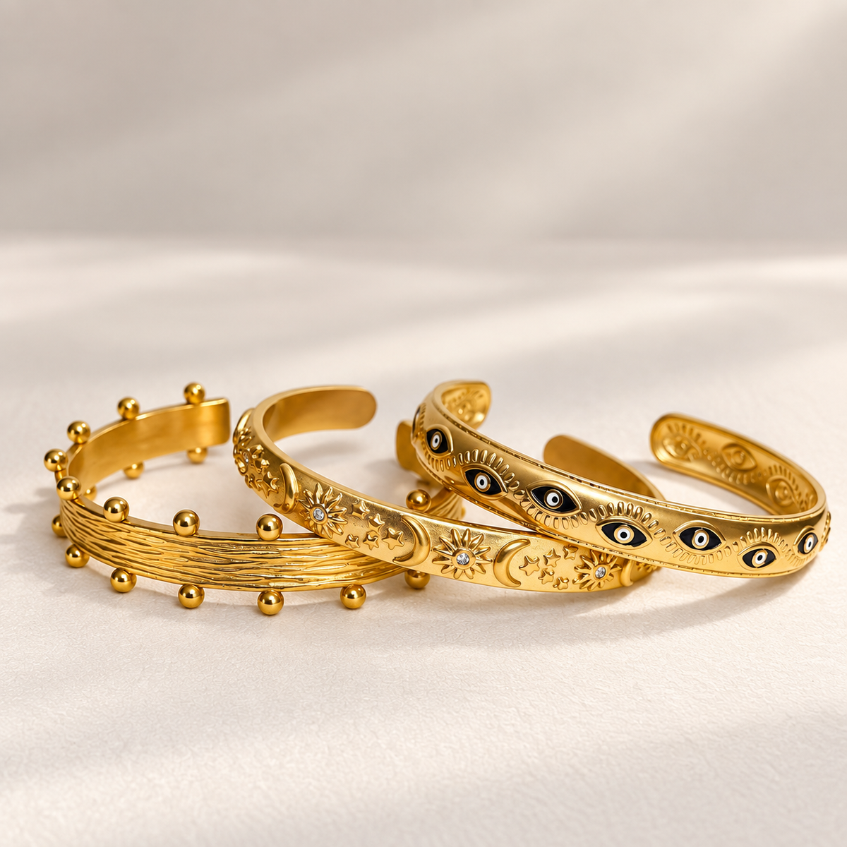 Stackable bracelet, waterproof gold bangle, evil eye bracelet, sun and moon bracelet.
