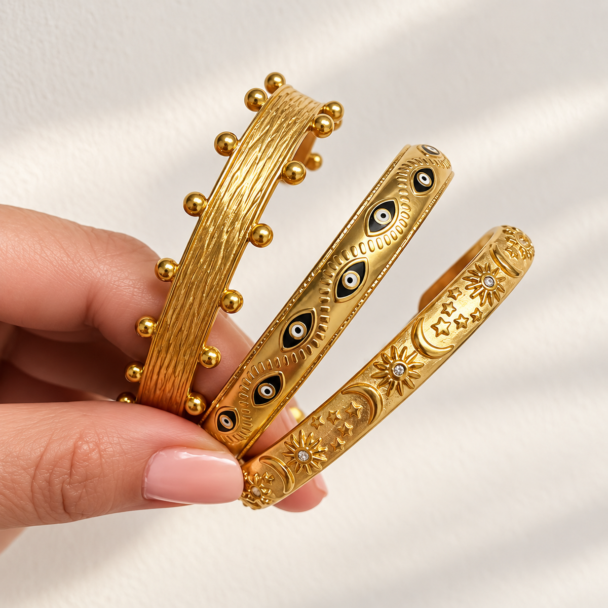 Stackable bracelet, waterproof gold bangle, evil eye bracelet, sun and moon bracelet.