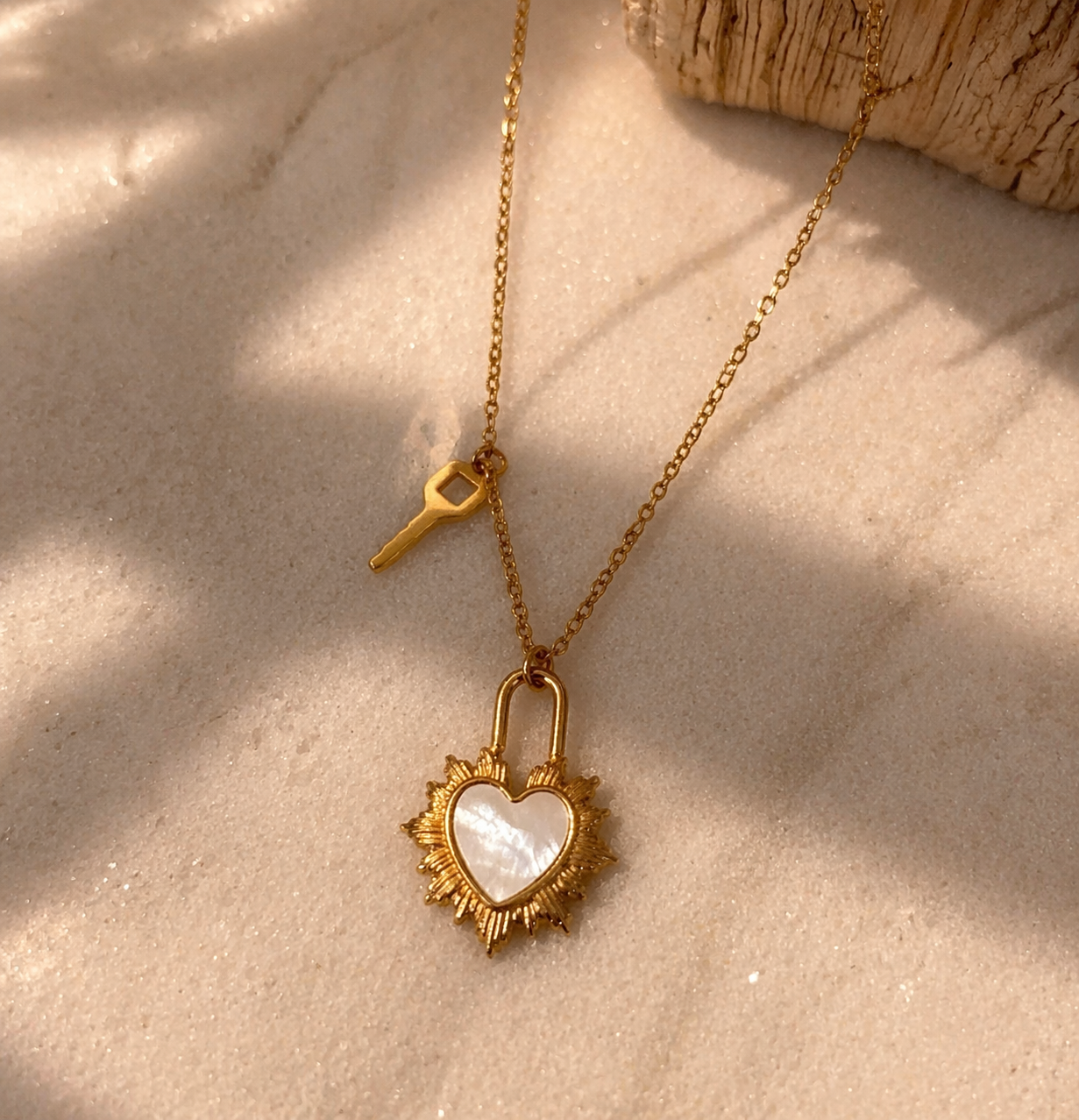 Heart necklace, Silver and 18k pvd gold waterproof necklace, dainty white shell necklaces.