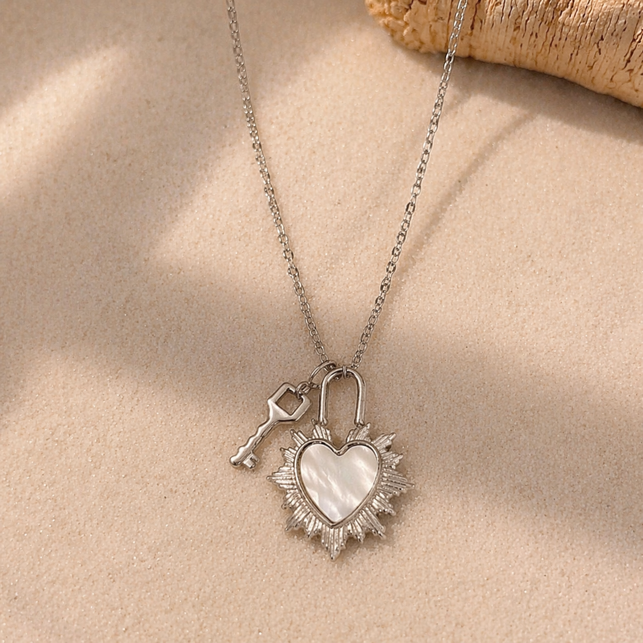 Heart necklace, Silver and 18k pvd gold waterproof necklace, dainty white shell necklaces.