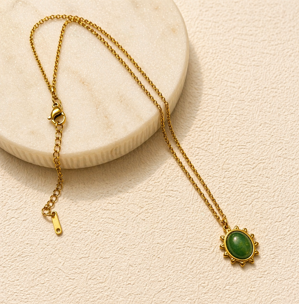 Malay jade necklace, 18k pvd gold waterproof necklace, non tarnish green stone necklace.