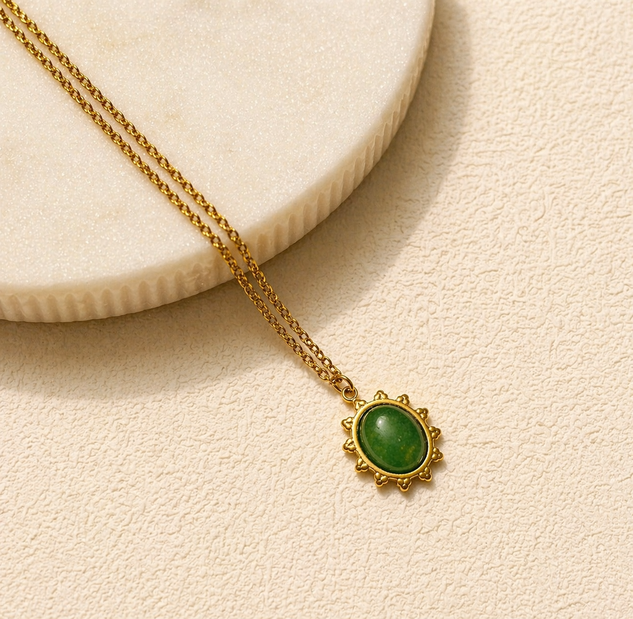 Malay jade necklace, 18k pvd gold waterproof necklace, non tarnish green stone necklace.