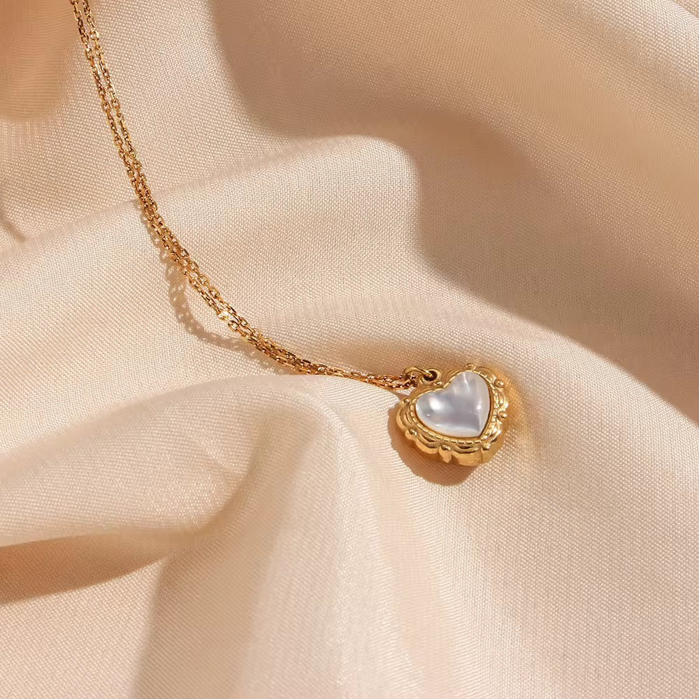 Heart necklace, waterproof necklace, dainty white shell necklace, non tarnish necklace.