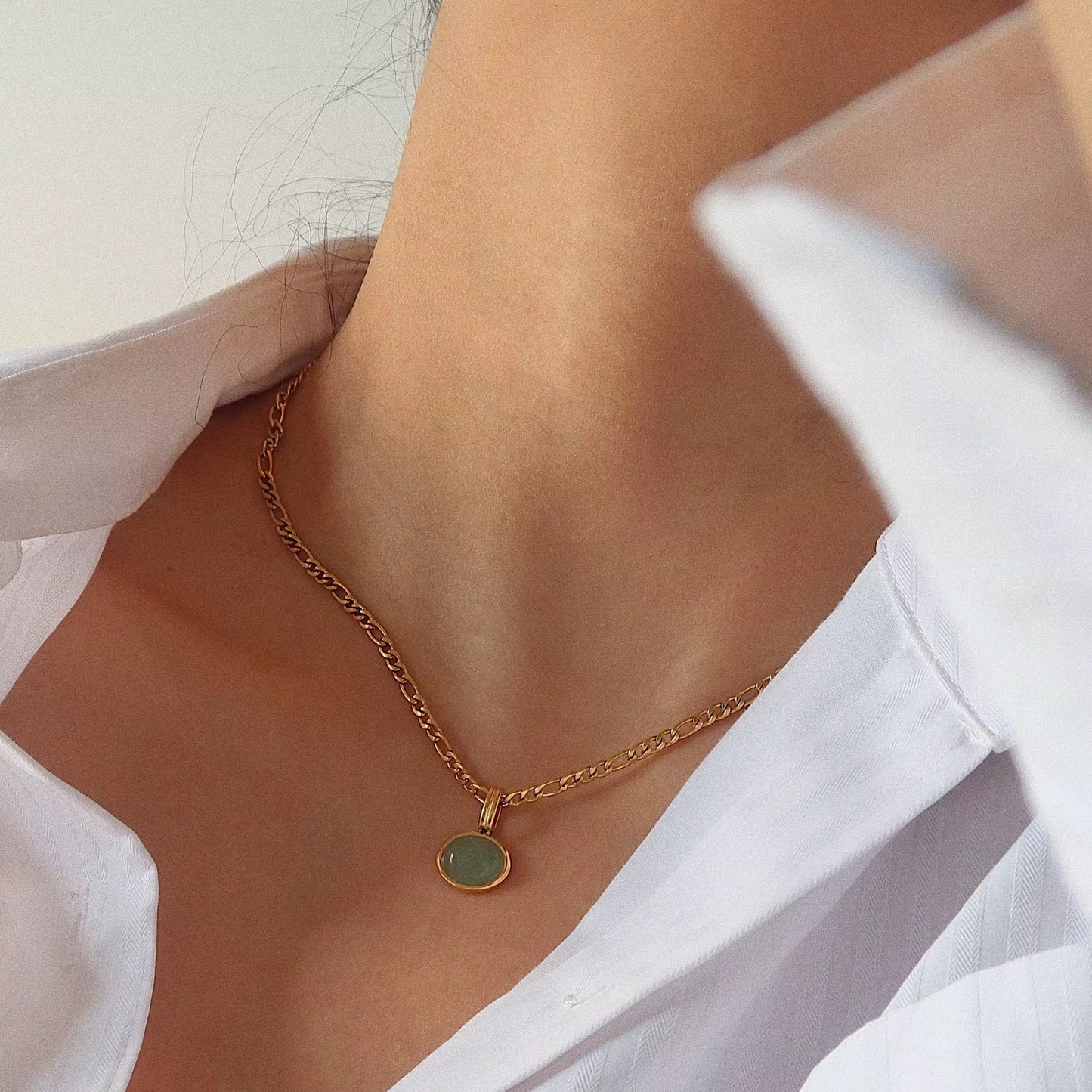 Aventurine necklace, waterproof 18k pvd gold stainless steel necklace, green stone necklace.