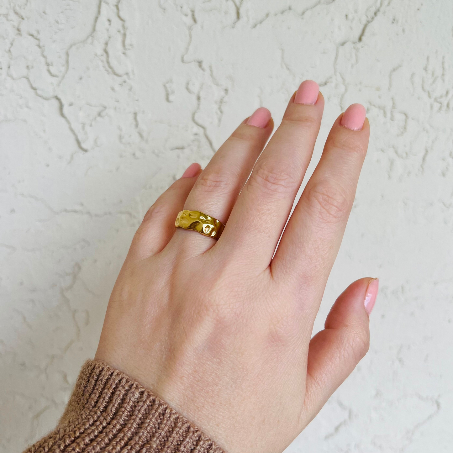 Gold hammered ring, Textured waterproof ring, Tarnish free open ring.