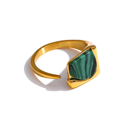 Malachite ring, waterproof green stone ring, open Lab man-made stone ring.