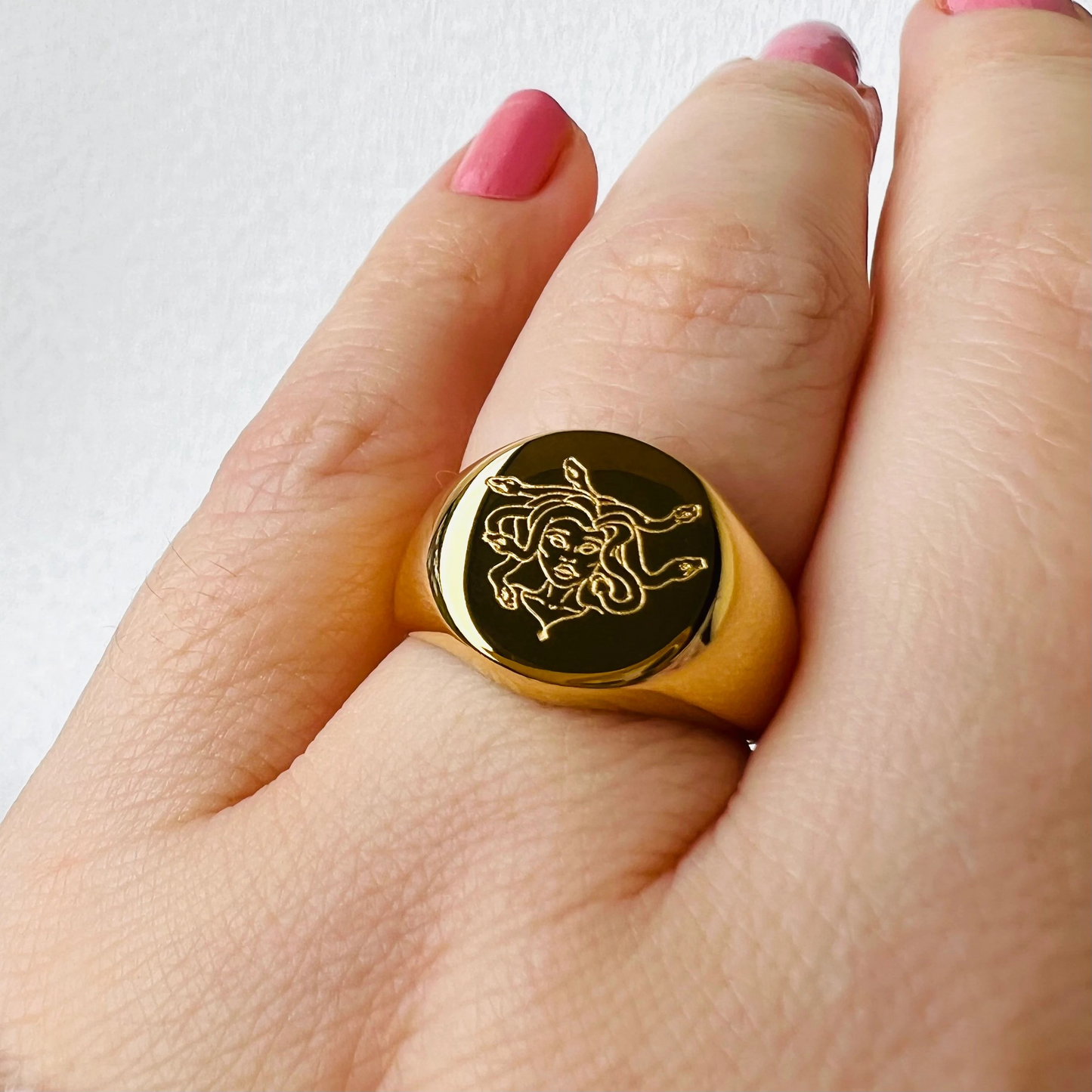 Medusa ring, non tarnish ring, Feminist ring, 18K PVD gold Subtle signet ring, Waterproof ring.