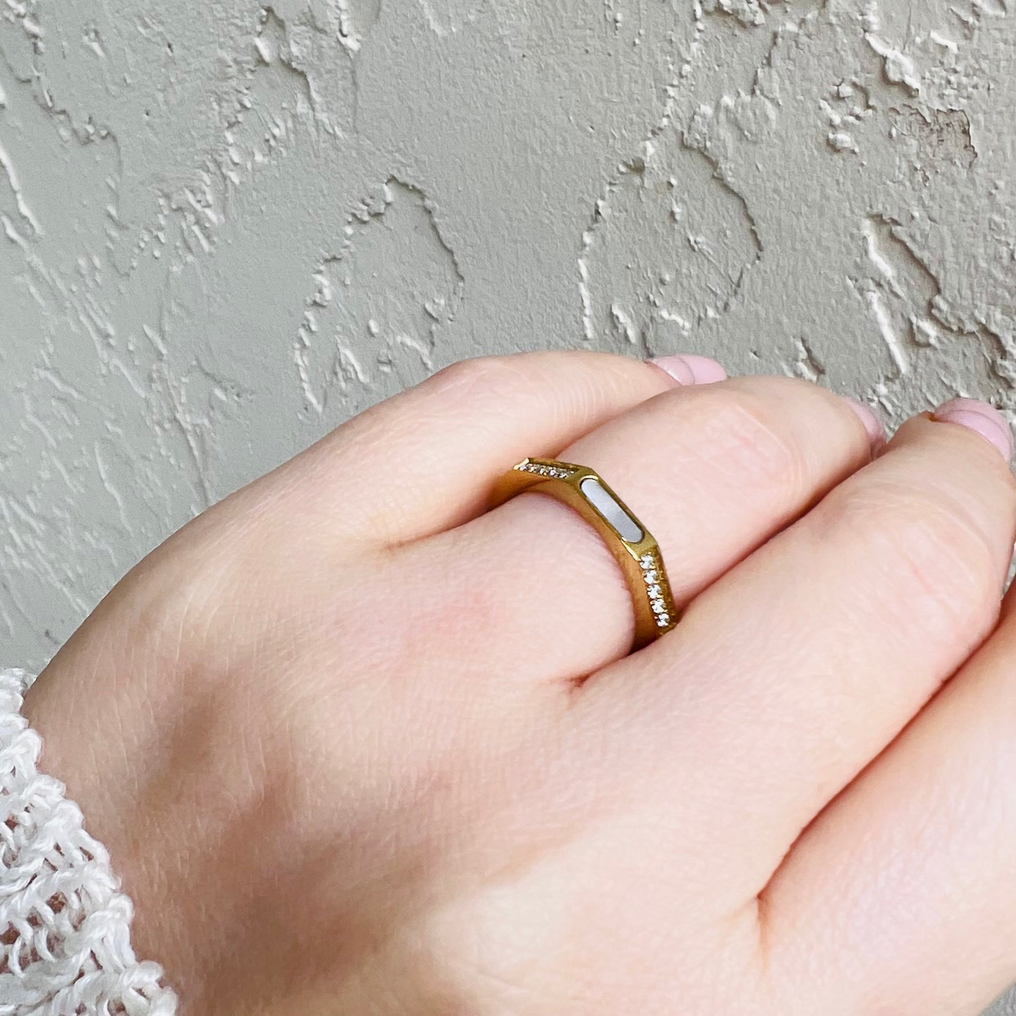 Hexagon ring, mother of pearl, malachite and black onyx rings, non tarnish waterproof rings.