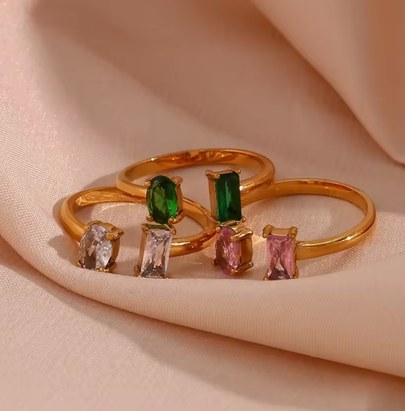 Simulated pink diamond, emerald and white diamond open ring, waterproof rings.