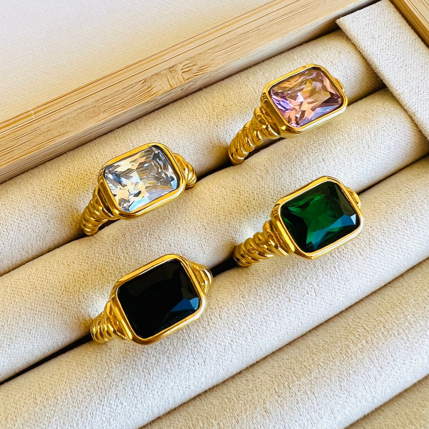 Waterproof rings, Pink diamond ring, emerald and white diamond rings, simulated stones.