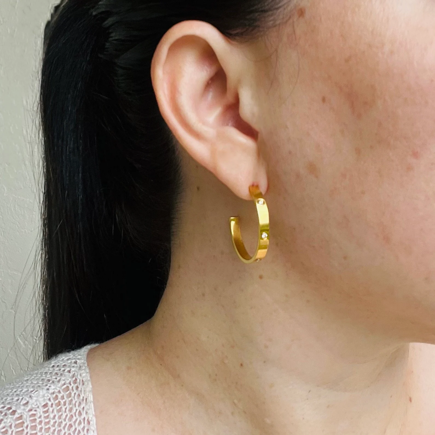 Thick hoop earrings, waterproof earrings, medium hoop earrings, chunky gold hoops.