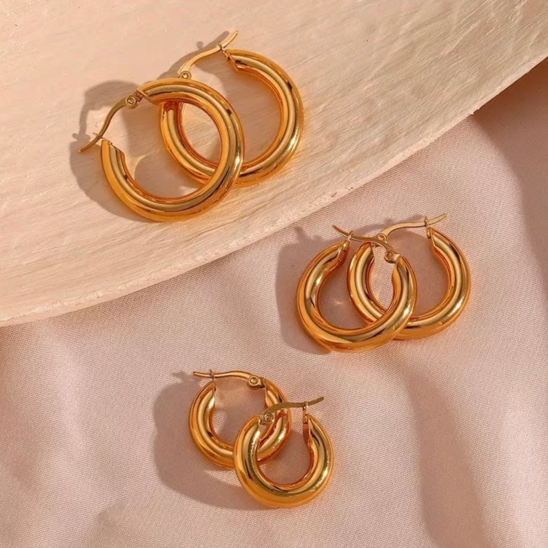 Chunky hoop earrings, Solid SS, waterproof earrings, chunky gold hoops.