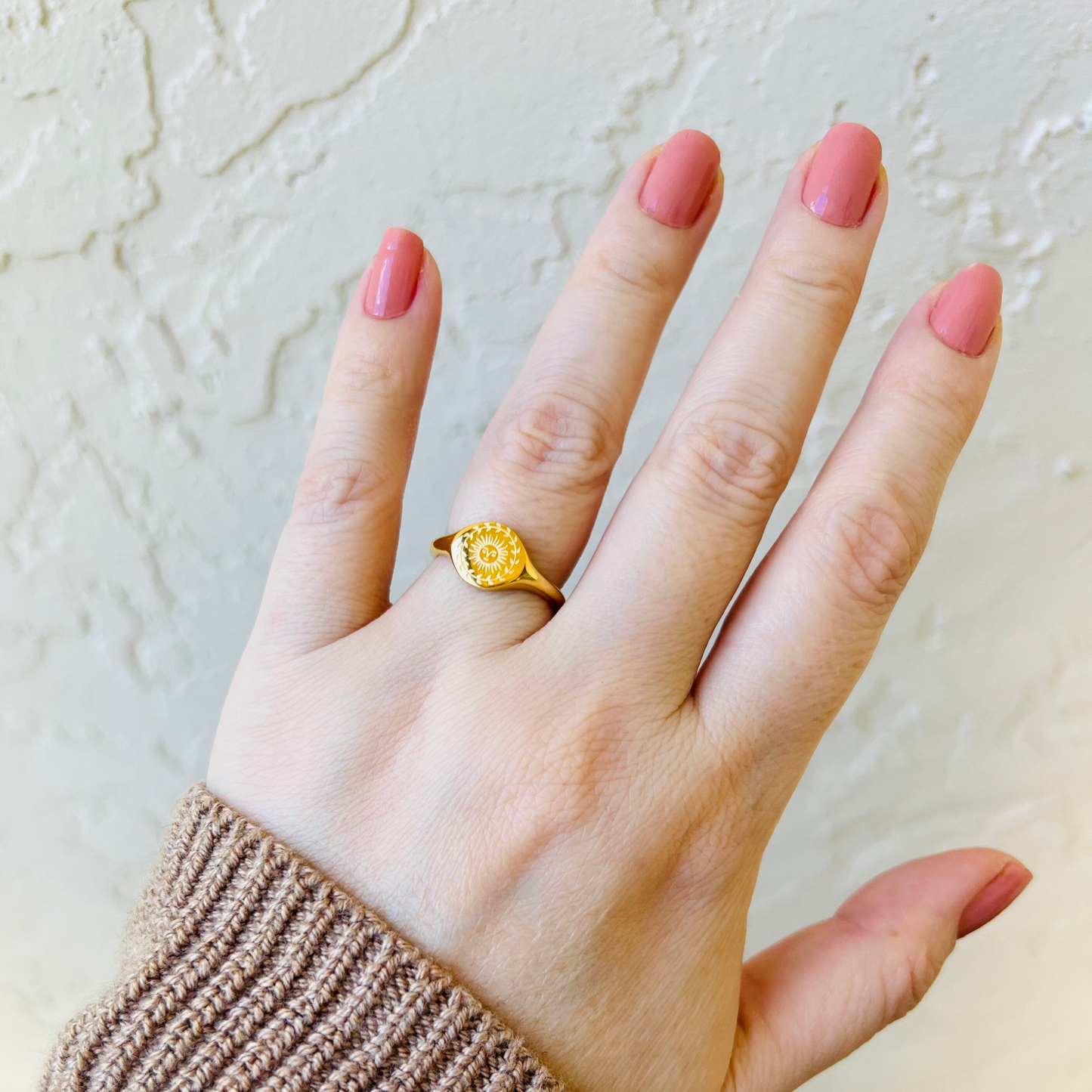 Signet ring, waterproof celestial rings, moon ring, sun ring and goddess ring options.