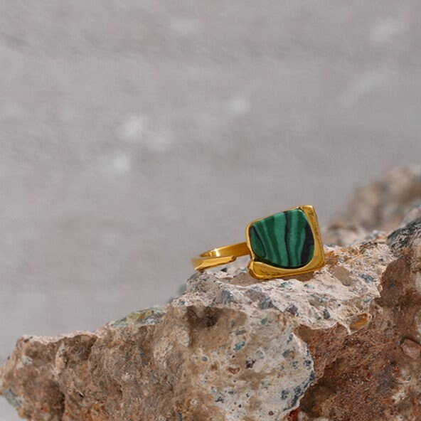 Malachite ring, waterproof green stone ring, open Lab man-made stone ring.