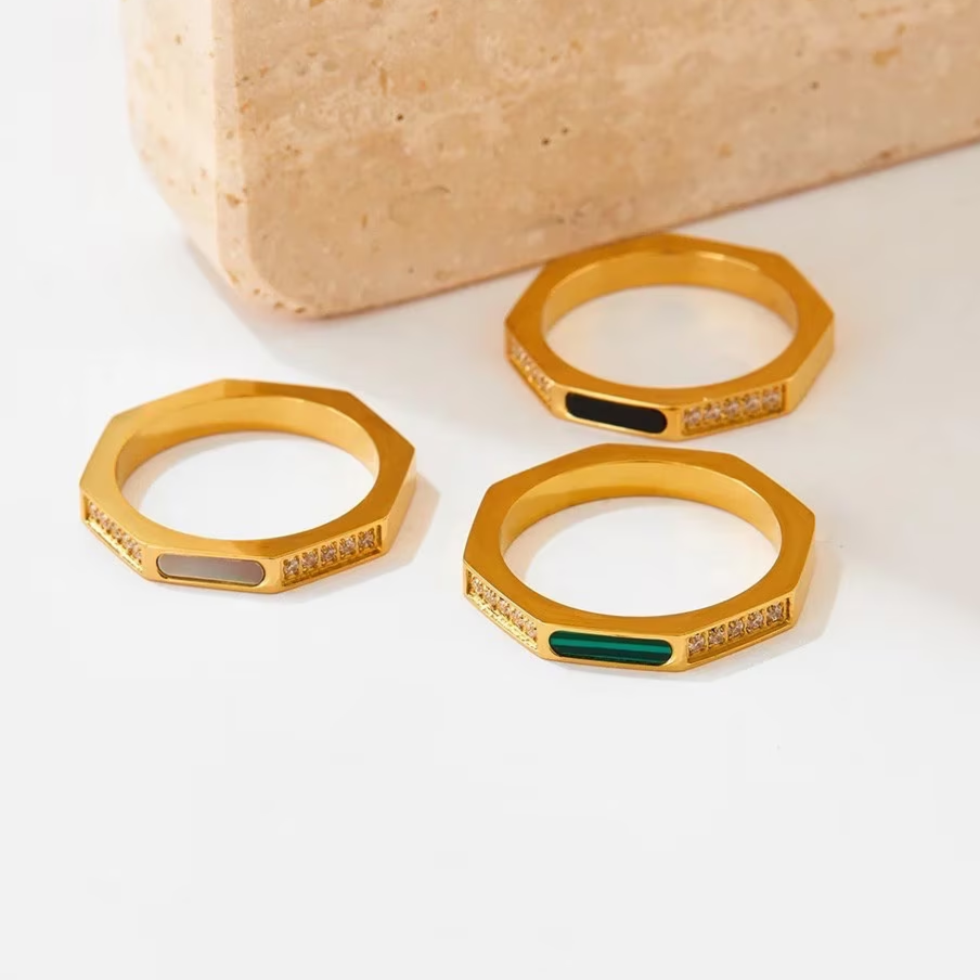 Hexagon ring, mother of pearl, malachite and black onyx rings, non tarnish waterproof rings.