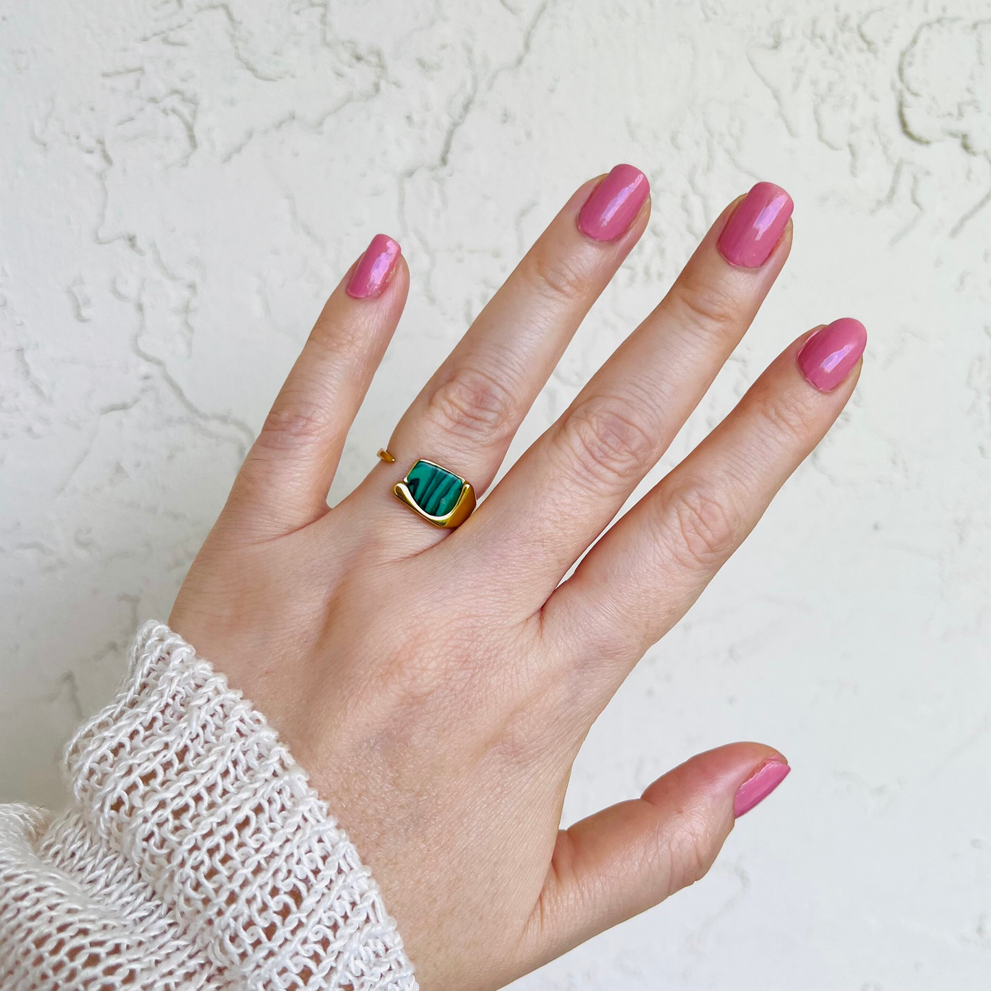 Malachite ring, waterproof green stone ring, open Lab man-made stone ring.