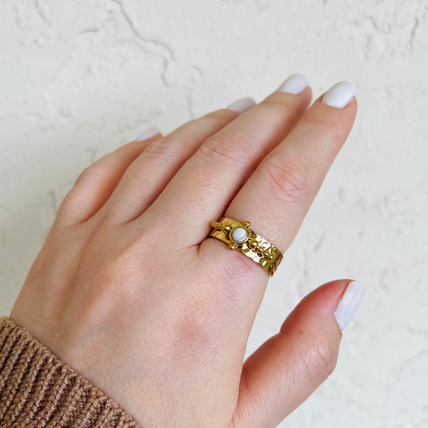 Hammered boho ring, 18K PVD Gold non tarnish ring, open adjustable Waterproof ring