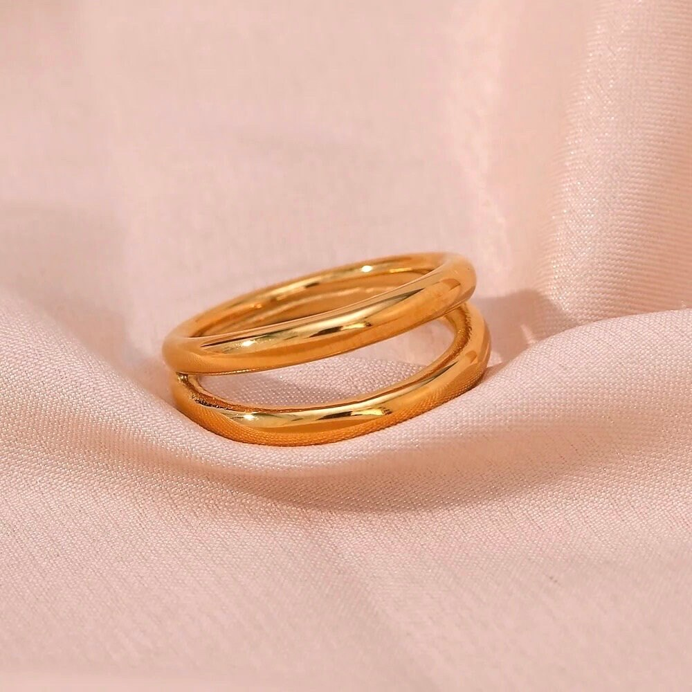 Double band ring, waterproof ring, non tarnish ring, simple modern two bands ring.