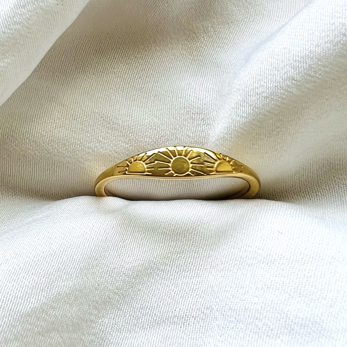 Sun ring, waterproof celestial ring, sunburst signet ring.