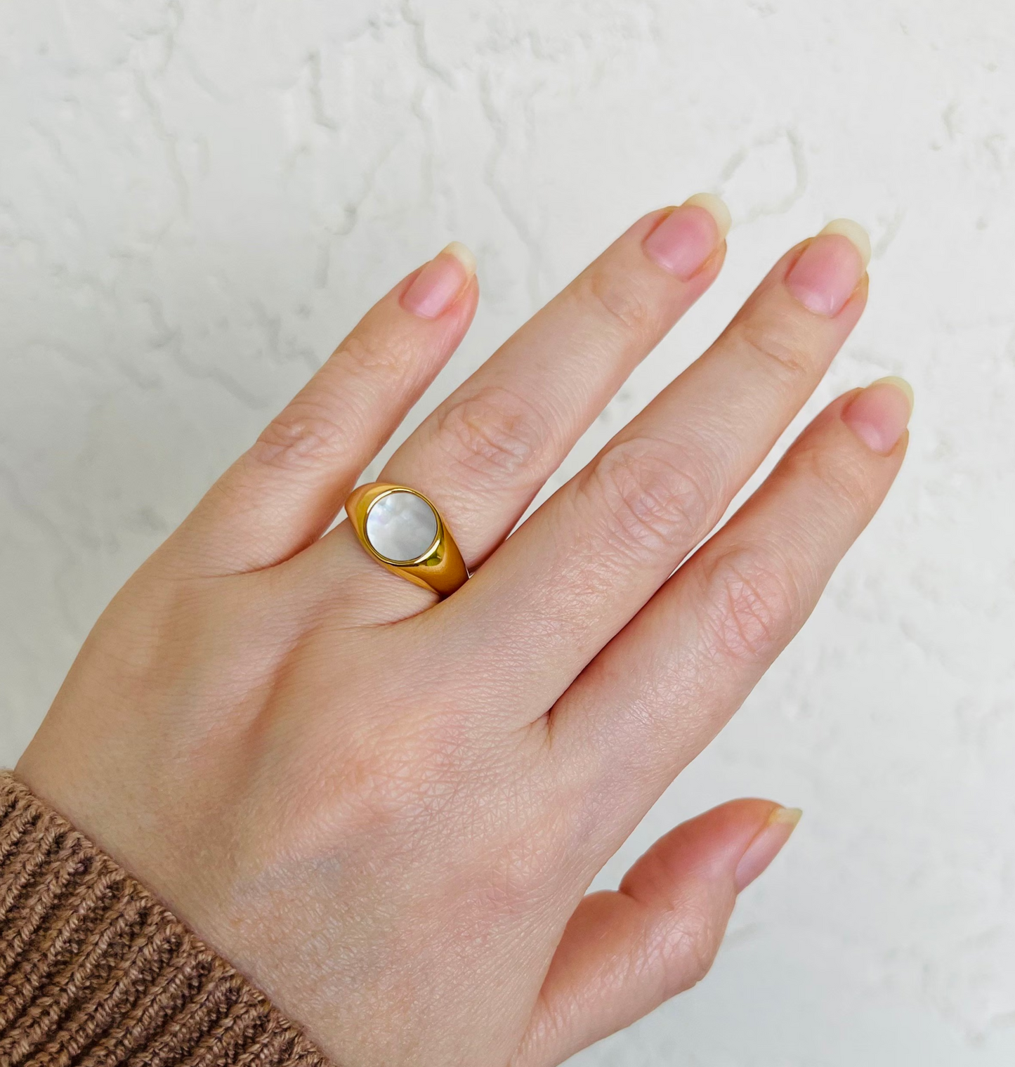 Mother of pearl ring, chunky gold ring, waterproof chunky ring.