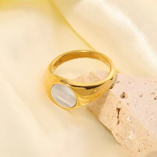 Mother of pearl ring, chunky gold ring, waterproof chunky ring.