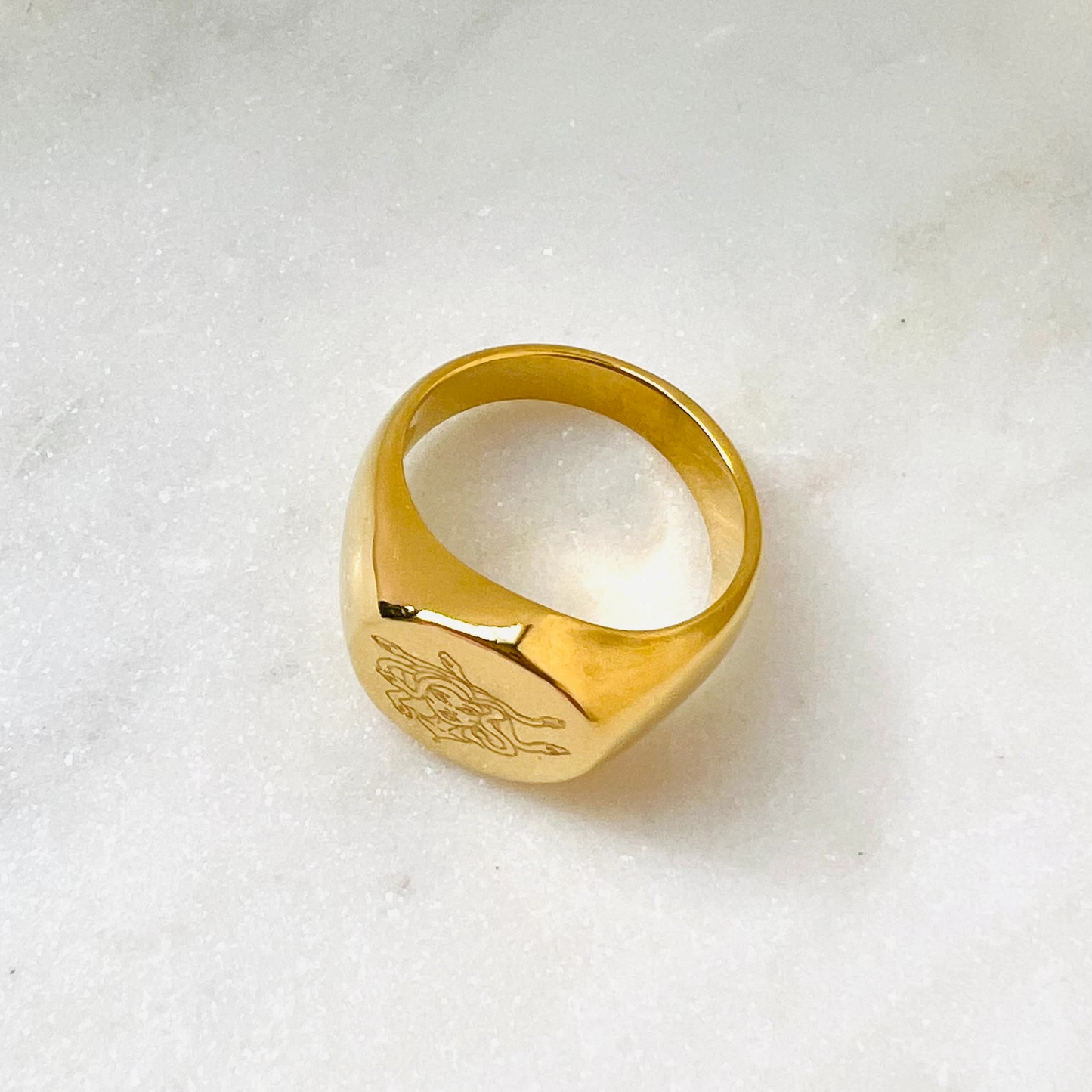 Medusa ring, non tarnish ring, Feminist ring, 18K PVD gold Subtle signet ring, Waterproof ring.