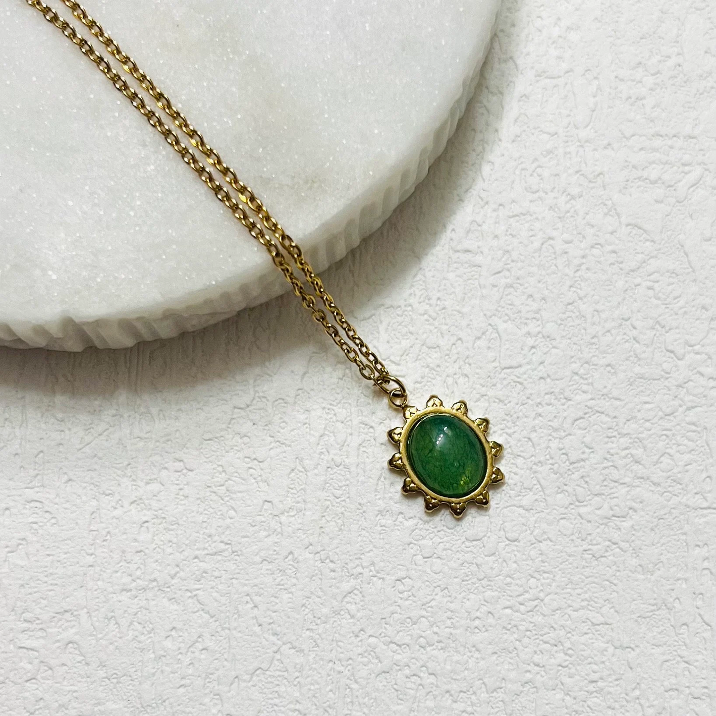 Malay jade necklace, waterproof necklace, non tarnish green stone necklace.