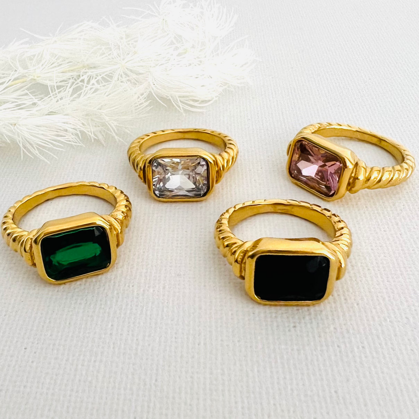 Waterproof rings, Pink diamond ring, emerald and white diamond rings, simulated stones.