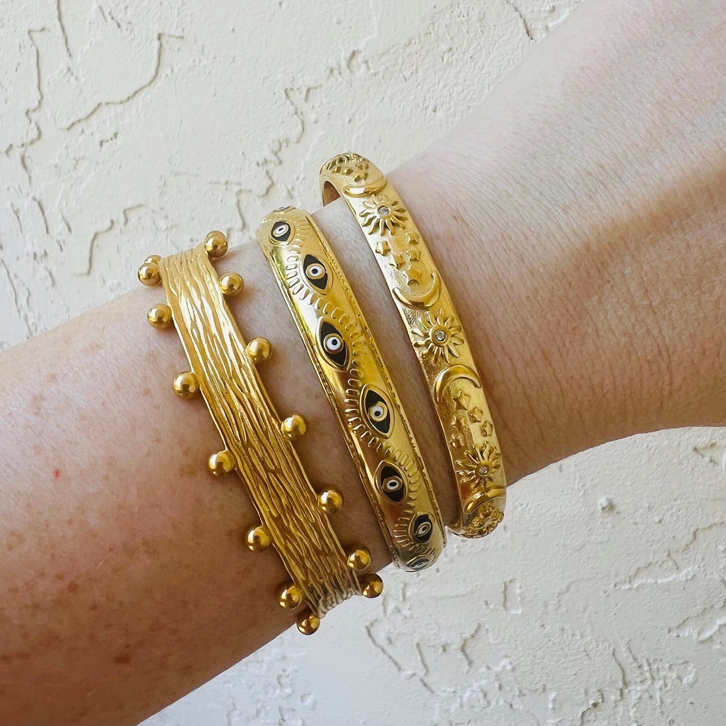 Stackable bracelet, waterproof gold bangle, evil eye bracelet, sun and moon bracelet.