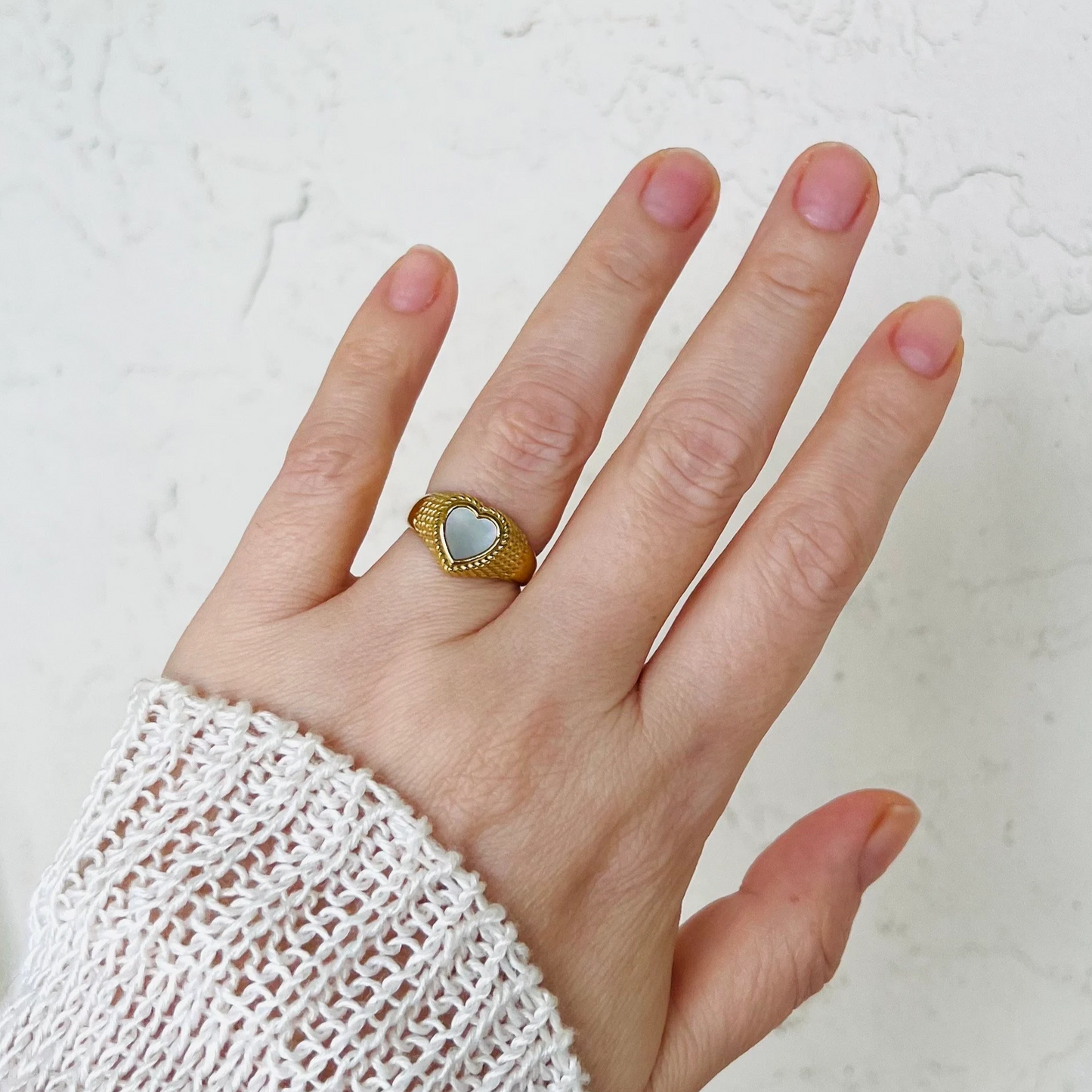 Mother of pearl ring, waterproof heart ring, non tarnish chunky ring.