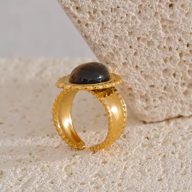 Tiger Eye ring, Cats eye ring, 18K PVD Gold non tarnish ring, open adjustable Waterproof ring.