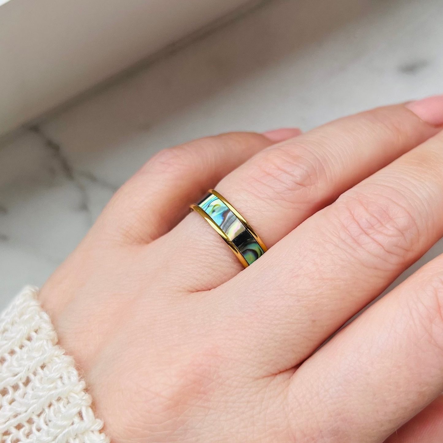 Abalone ring, non tarnish ring, 18K Pvd gold waterproof ring, vintage style ring.