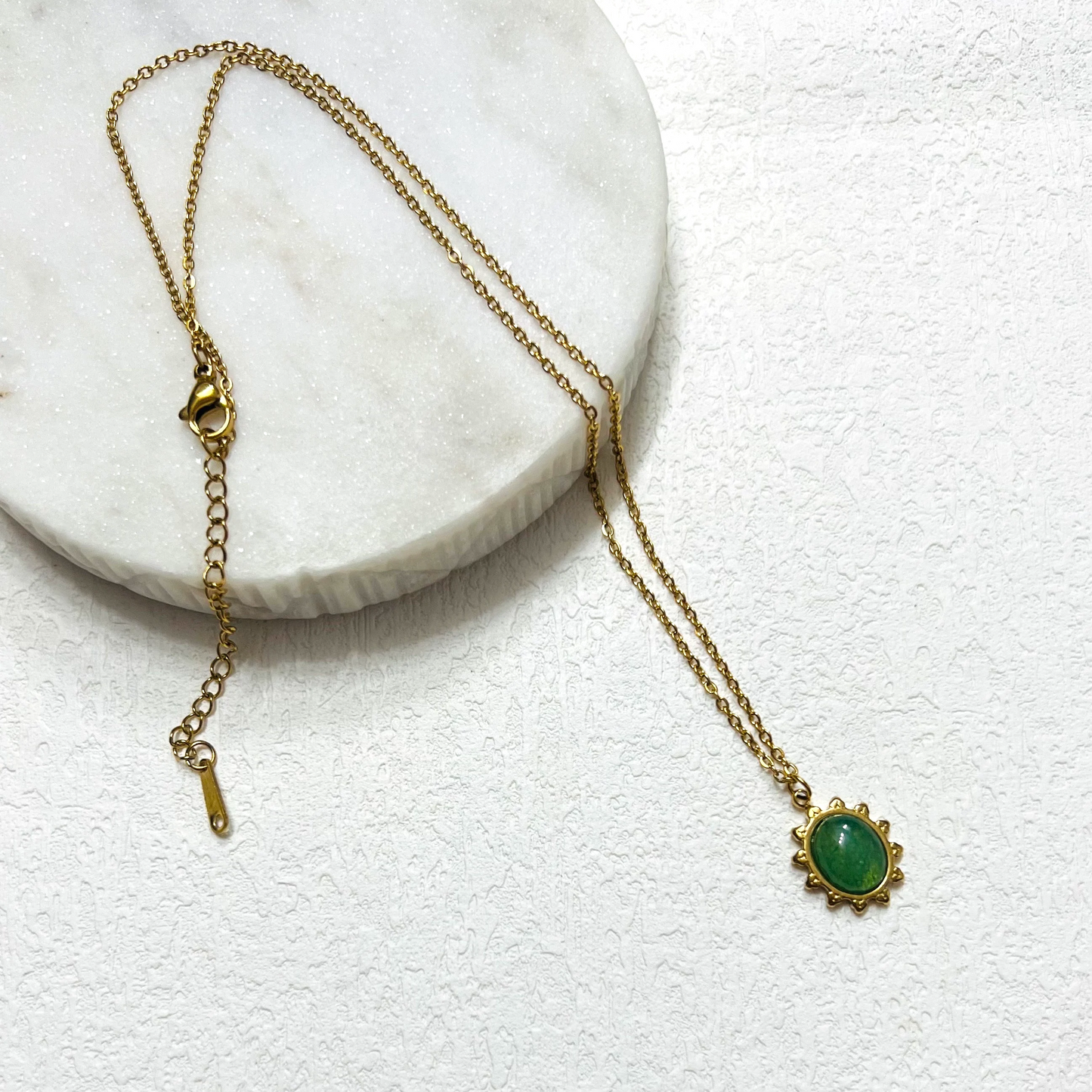 Malay jade necklace, waterproof necklace, non tarnish green stone necklace.